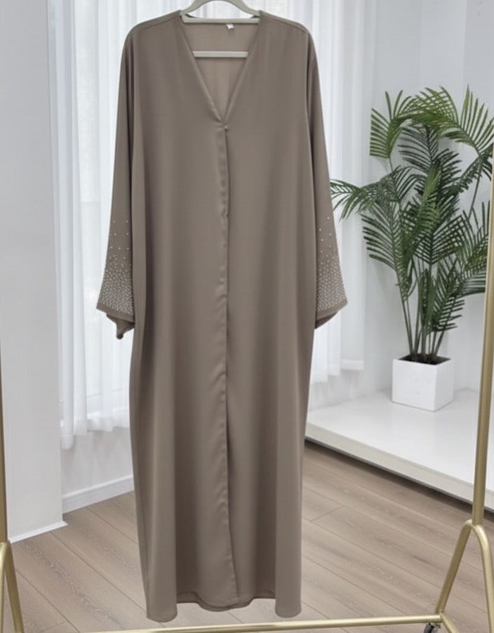 Khaki brown Dubai style abaya with rhinestones
