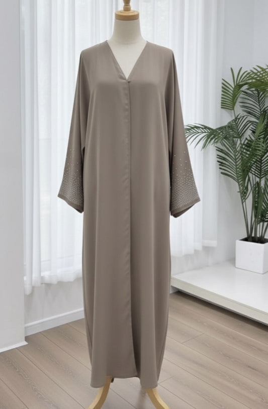 Khaki brown Dubai style abaya with rhinestones