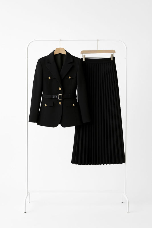 Elegant Black Pleated Skirt & Blazer Set
