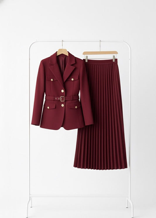 Elegant Burgundy Pleated Skirt & Blazer Set