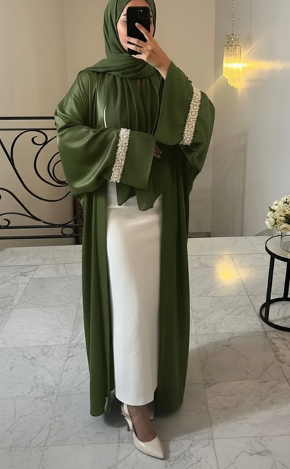 Green Dubai Style abaya with pearls
