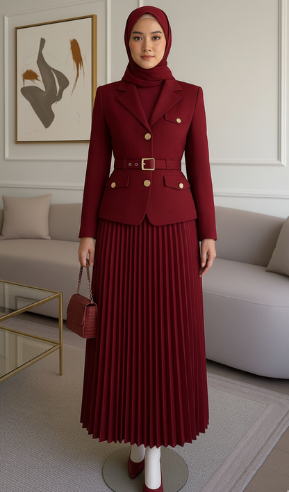 Elegant Burgundy Pleated Skirt & Blazer Set