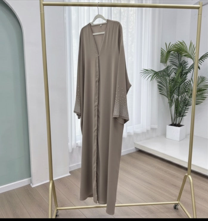 Khaki brown Dubai style abaya with rhinestones