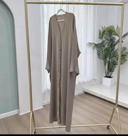 Khaki brown Dubai style abaya with rhinestones