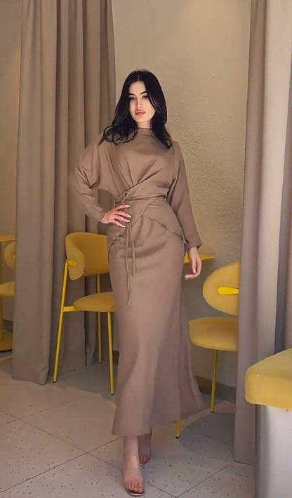 Elegant Satin Two-Piece Set – Top and Maxi Skirt