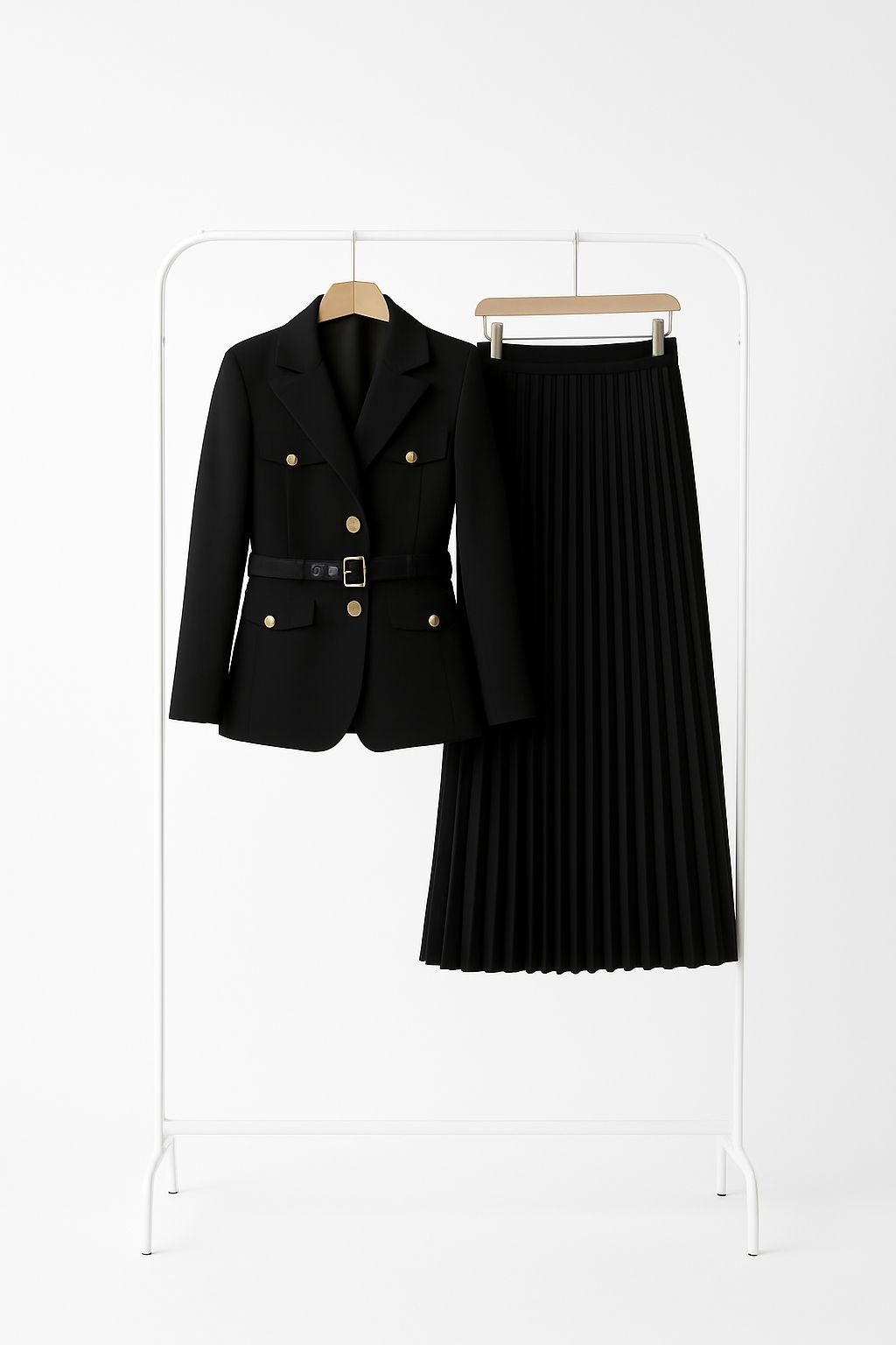 Elegant Black Pleated Skirt & Blazer Set