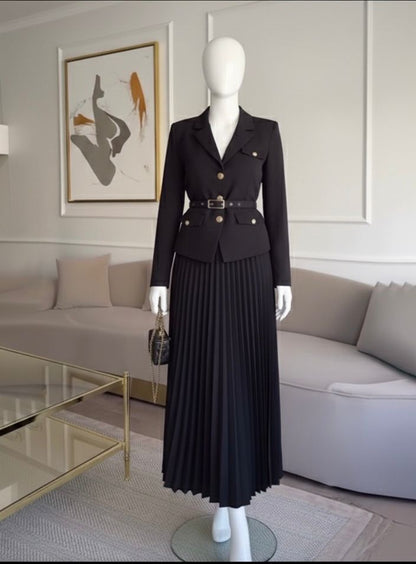 Elegant Black Pleated Skirt & Blazer Set