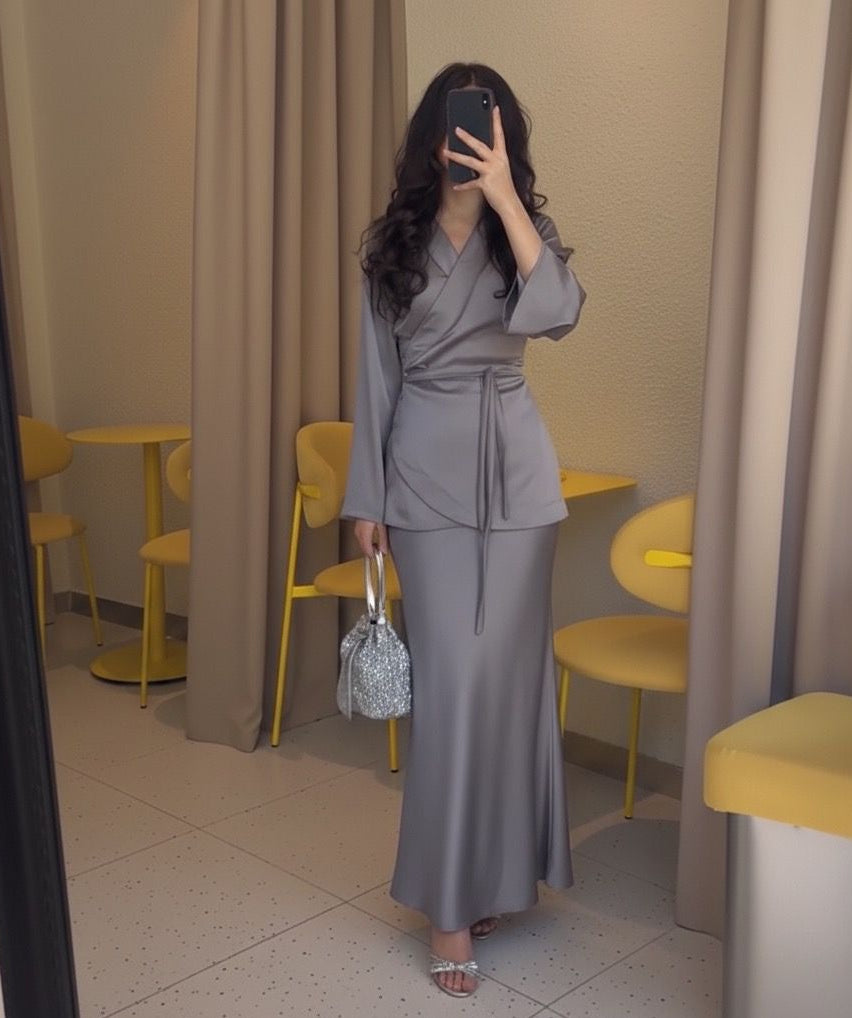 Elegant Satin Modest Set – Wrap Top & Maxi Skirt