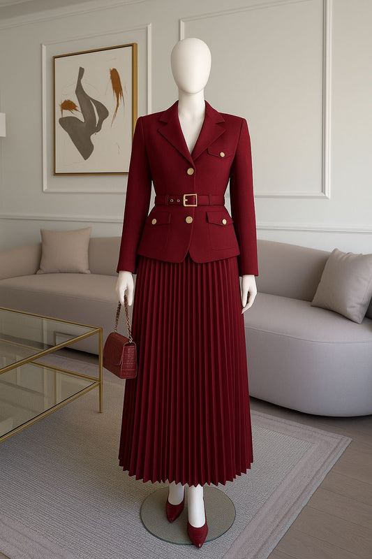 Elegant Burgundy Pleated Skirt & Blazer Set