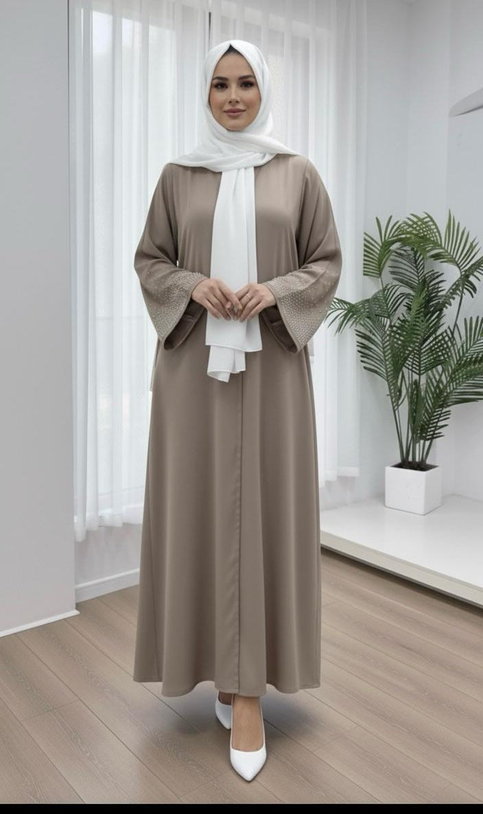 Khaki brown Dubai style abaya with rhinestones