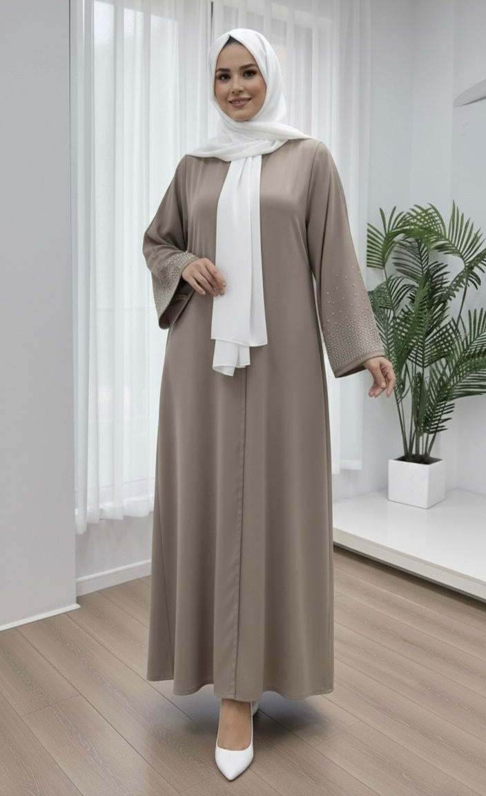 Khaki brown Dubai style abaya with rhinestones