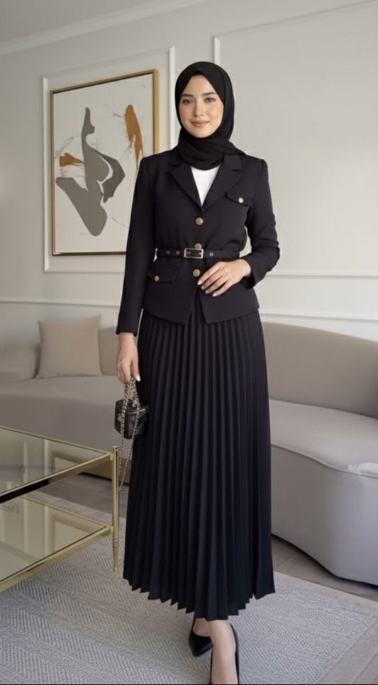 Elegant Black Pleated Skirt & Blazer Set